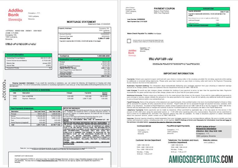 Extrato de hipoteca do Banco Addiko da Eslovênia em formatos Word e PDF 1 2 exemplo real